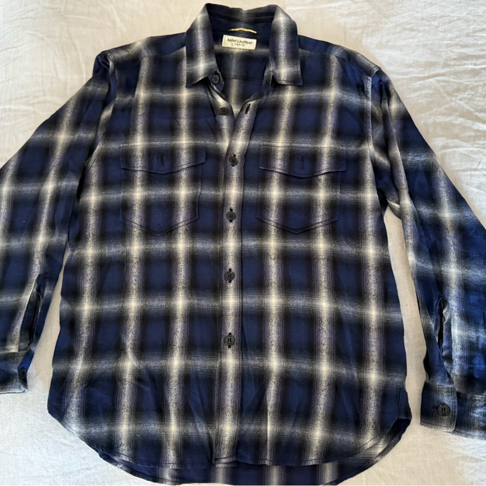 Saint Laurent Navy and White Plaid Shirt Size M